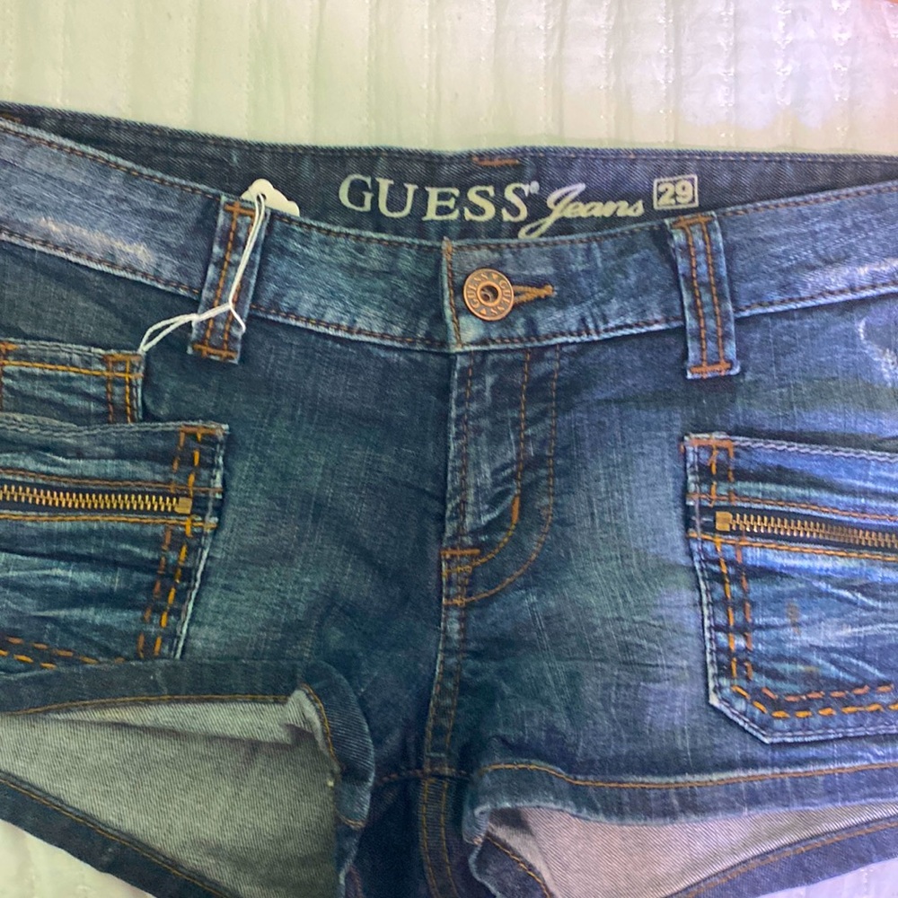 Dark Blue Guess Stretch Jean Shorts Zipper Pockets Size 29